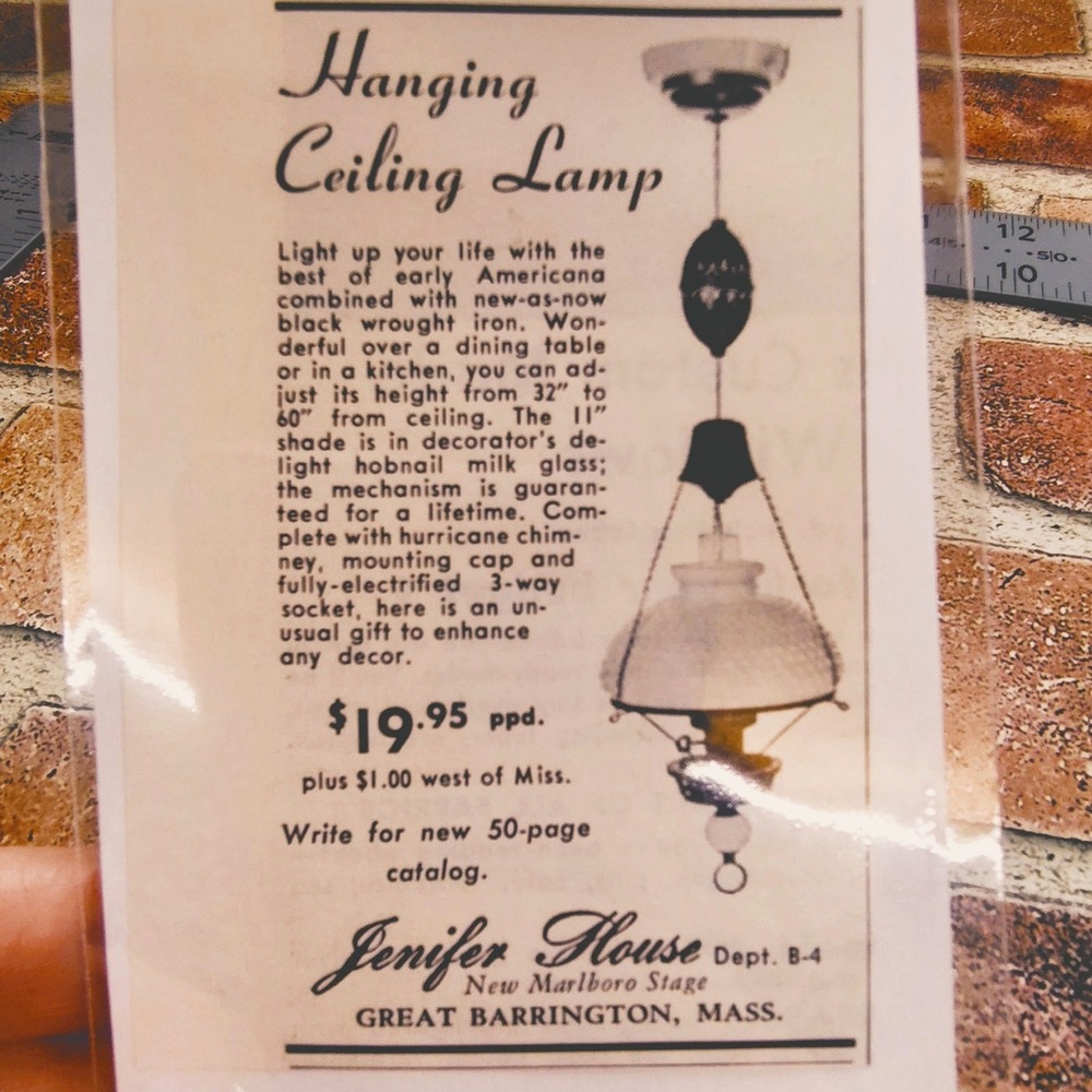 1956‎ Jenifer House Great Barrington - Hanging Ceiling Lamp - Orig Vtg Print Ad